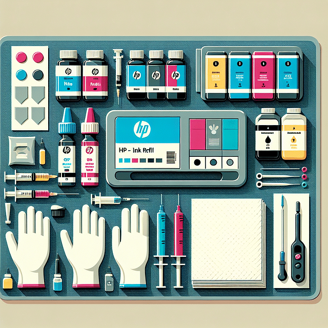 HP ink refill kit components laid out on a covered surface