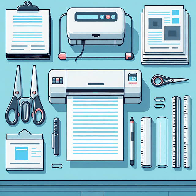a flat workspace with laminating machine, encapsulation sheets, scissors, and a document
