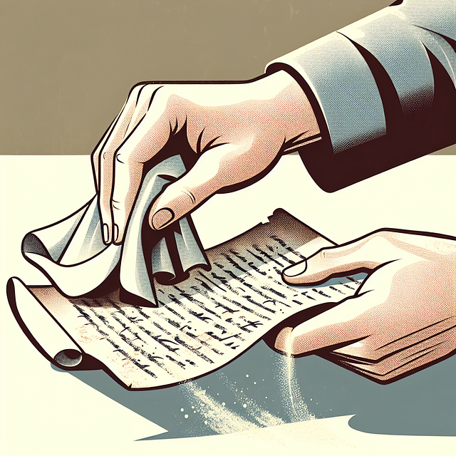 gently wiping dust off an old document with a soft cloth